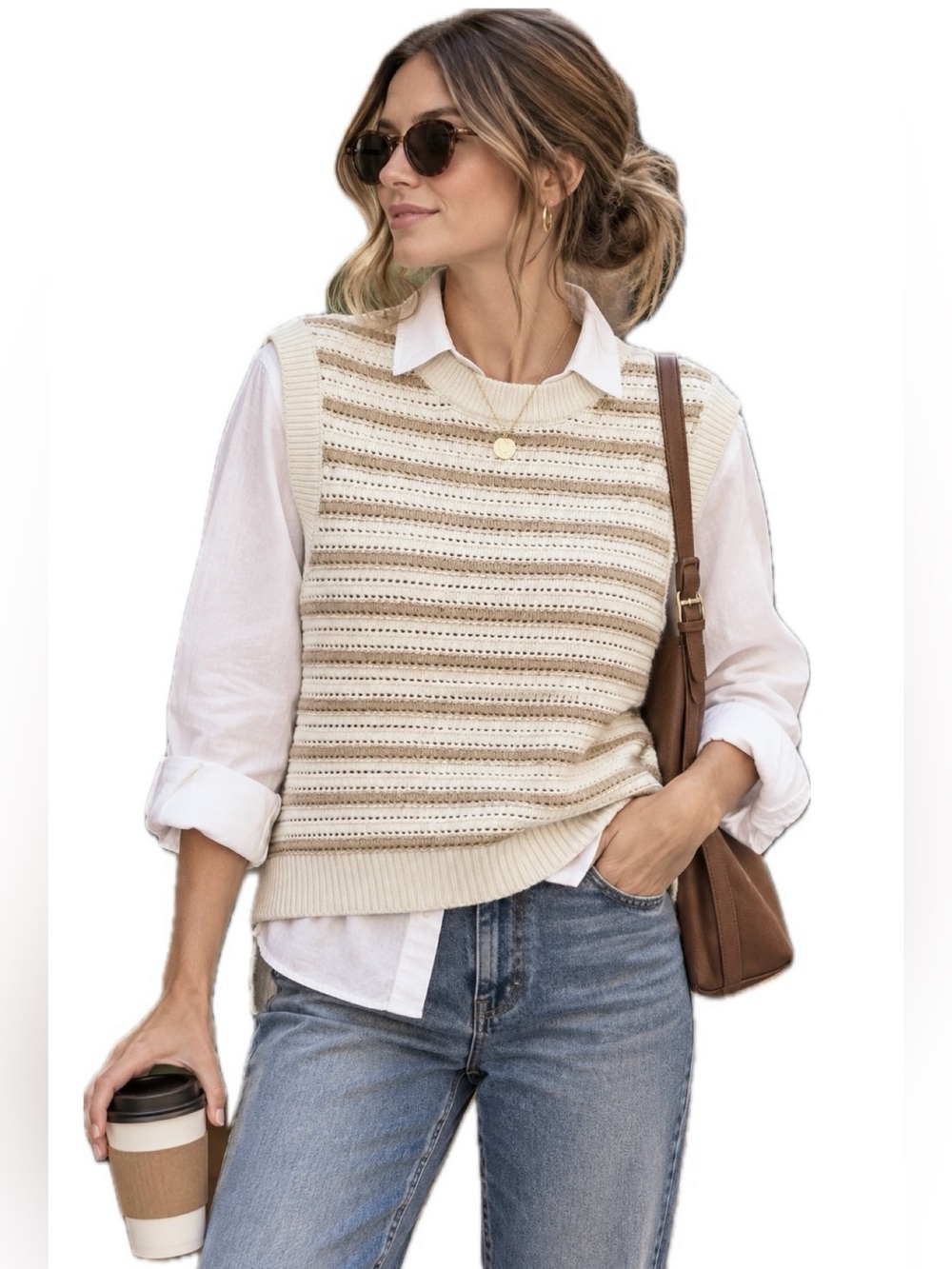 French Connection Sleeveless Knit Sweater Vest Ivory Gold Metallic Stripe Size L